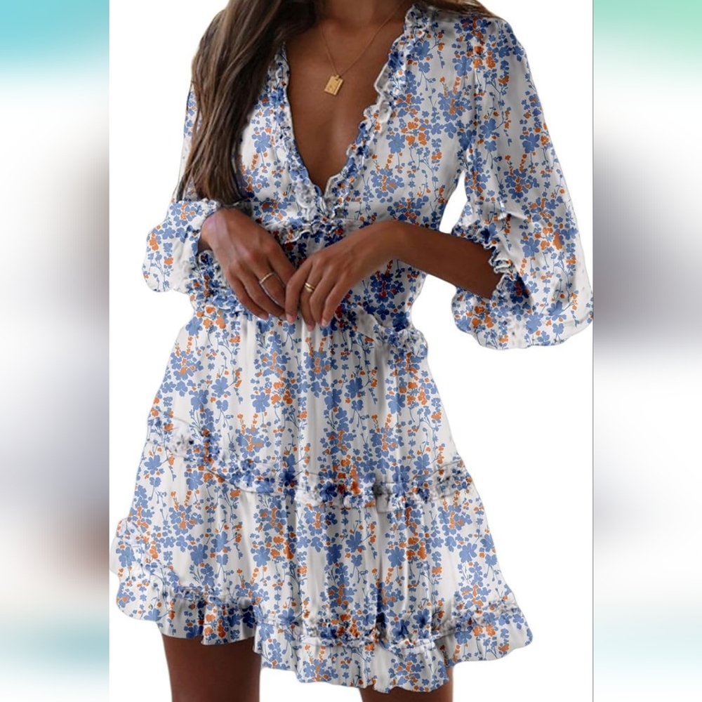 Cute Dress: deep v-neck, long flared sleeve, ruffle detail, empire waist.